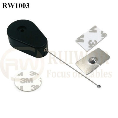 RW1003 Drop-Shaped Retractable Security Tether With Steel Wire Plus Rectangular Adhesive Metal Plate For Retail Products Display