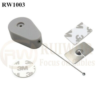 RW1003 Drop-Shaped Retractable Security Tether With Steel Wire Plus Rectangular Adhesive Metal Plate For Retail Products Display
